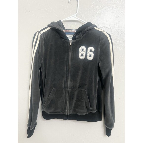 Victoria’s Secret Black Hoodie Medium Velour Jacket Vintage Y2K University Pink - Picture 5 of 5